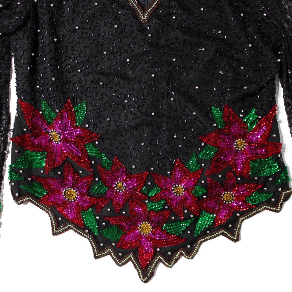 VTG Laurence Kazar 100% Silk Black Bead Sequin Poinsettia Top Christmas Women XL - Picture 4 of 8